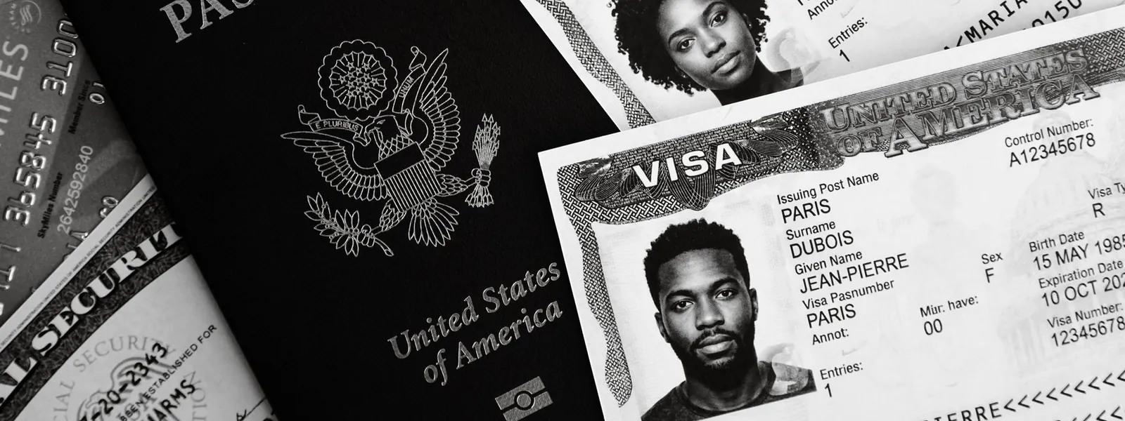 Passeport américain accompagné de visas et de billets de banque