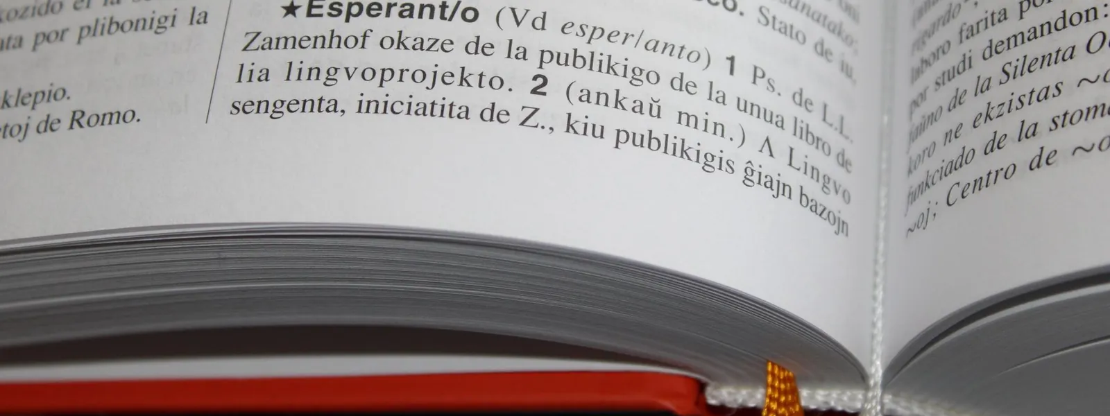 Livre ouvert présentant du texte et des définitions en espéranto