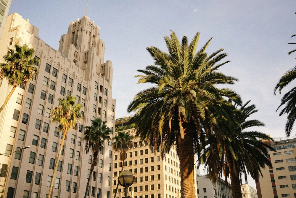 Bâtiment art déco bordé de palmiers sous un ciel ensoleillé à Los Angeles