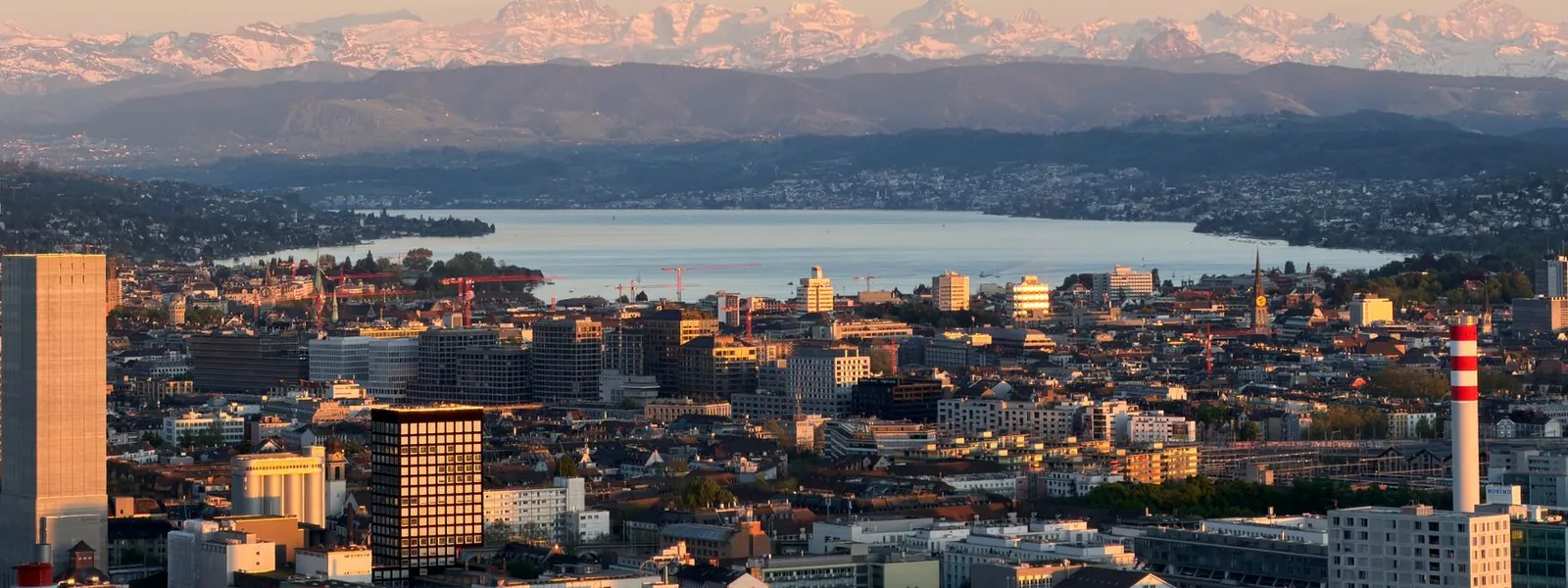 Vue aérienne de Zurich avec le lac et les Alpes en arrière-plan